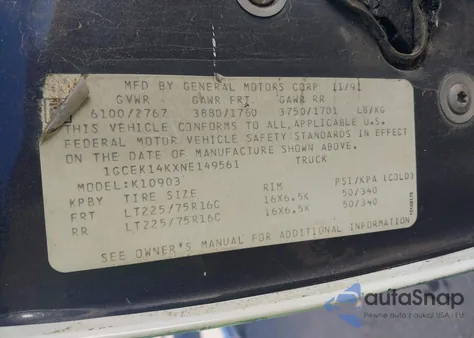 1992 Chevrolet Gmt-400 K1500 z USA, uszkodzony, nr VIN 1GCEK14KXNE149561